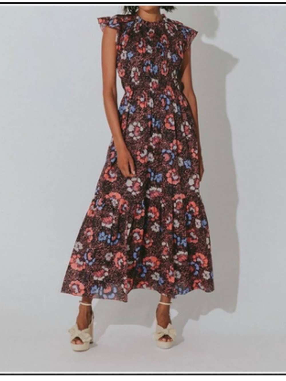 Cleobella Brown Floral Maxi Dress with Blue and Coral Accents